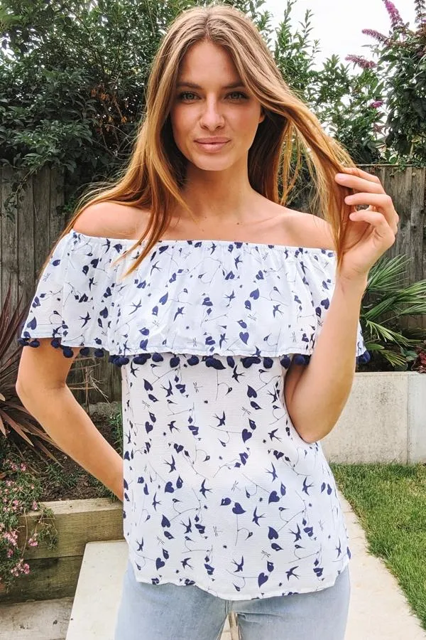 Sosandar Tops Women White and Navy Bardot Top With Pom Pom Trim White Navy