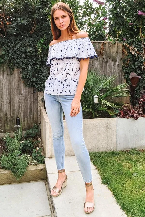 Sosandar Tops Women White and Navy Bardot Top With Pom Pom Trim White Navy