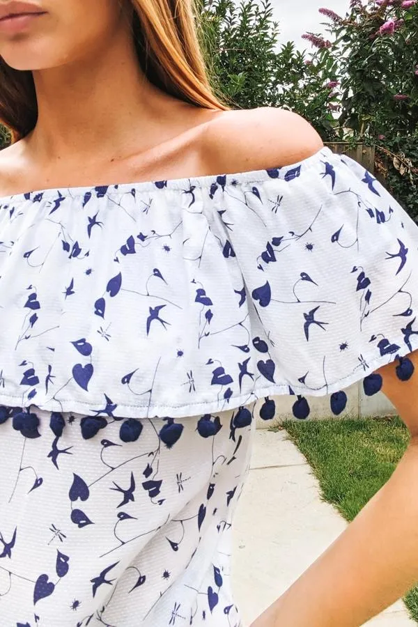 Sosandar Tops Women White and Navy Bardot Top With Pom Pom Trim White Navy
