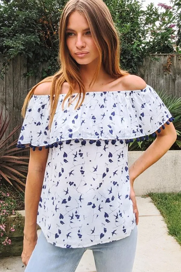 Sosandar Tops Women White and Navy Bardot Top With Pom Pom Trim White Navy