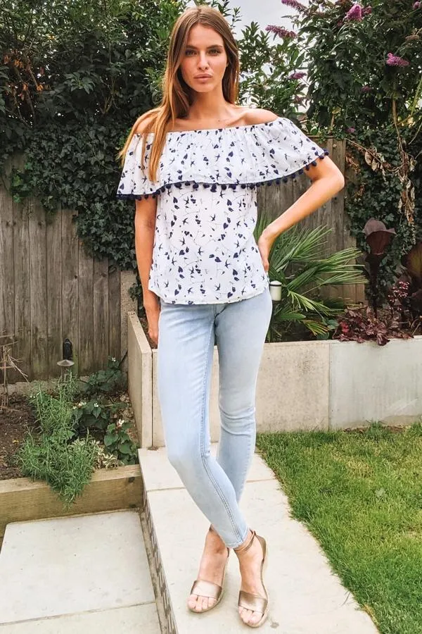 Sosandar Tops Women White and Navy Bardot Top With Pom Pom Trim White Navy