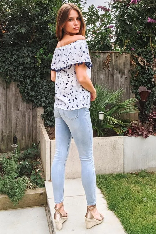 Sosandar Tops Women White and Navy Bardot Top With Pom Pom Trim White Navy