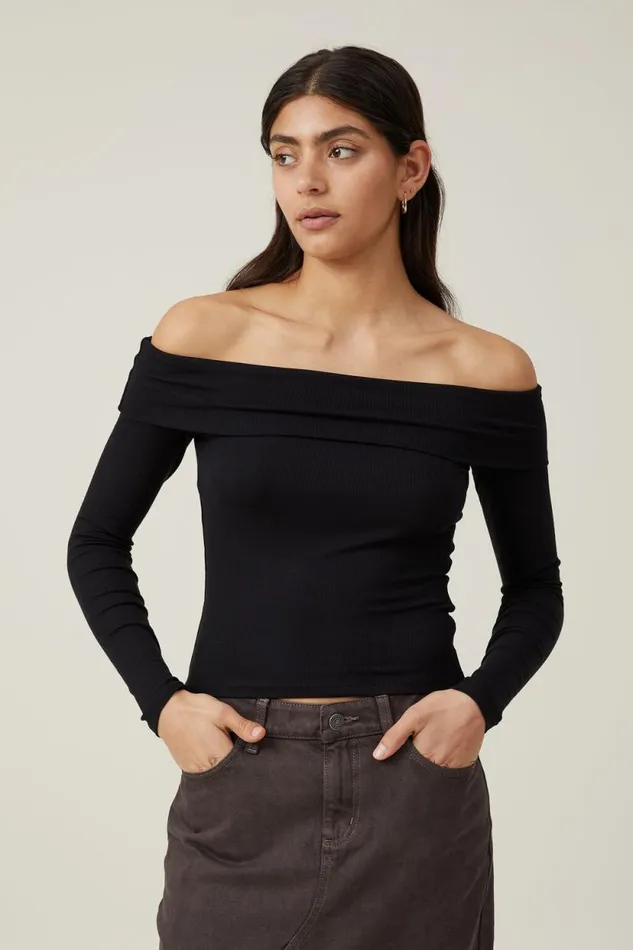 Staple Rib Off Shoulder Long Sleeve Top Black Women Cotton On Tops