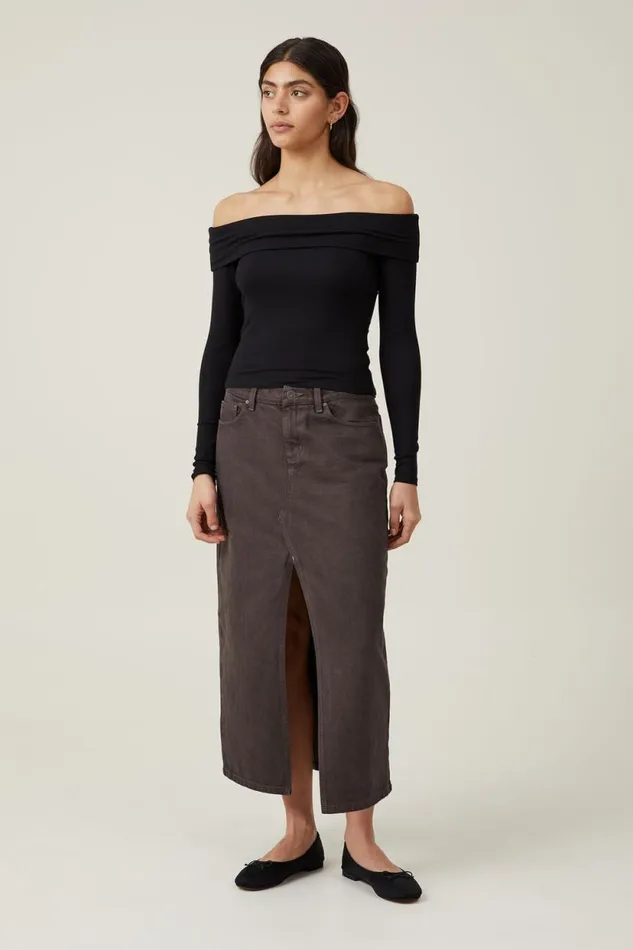 Staple Rib Off Shoulder Long Sleeve Top Black Women Cotton On Tops