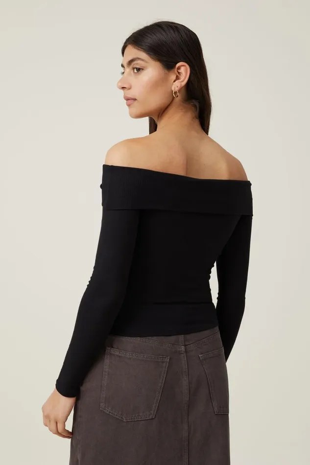 Staple Rib Off Shoulder Long Sleeve Top Black Women Cotton On Tops