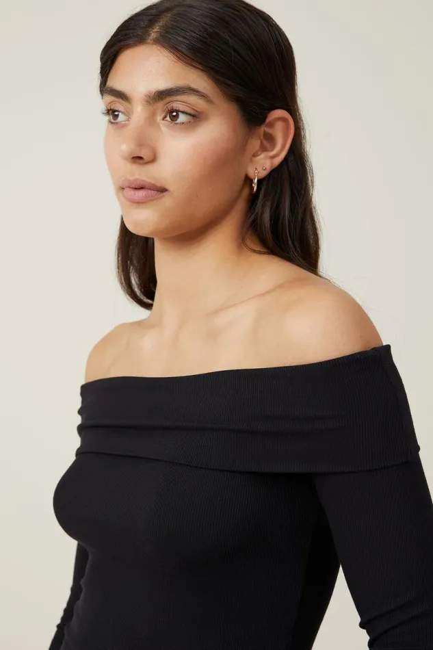 Staple Rib Off Shoulder Long Sleeve Top Black Women Cotton On Tops