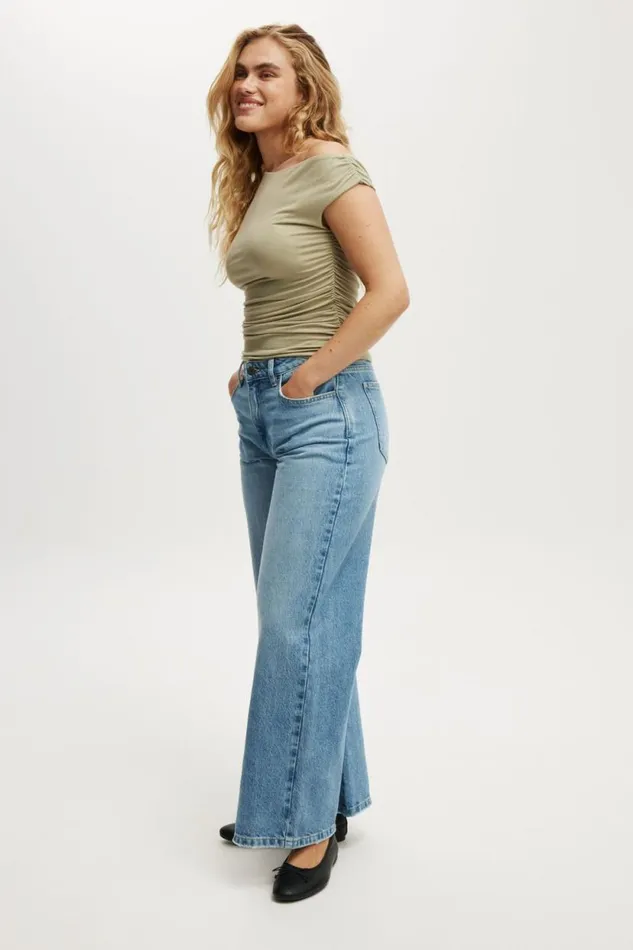 Staple Rib Rouched Short Sleeve Top Desert Sage Women Cotton On Tops