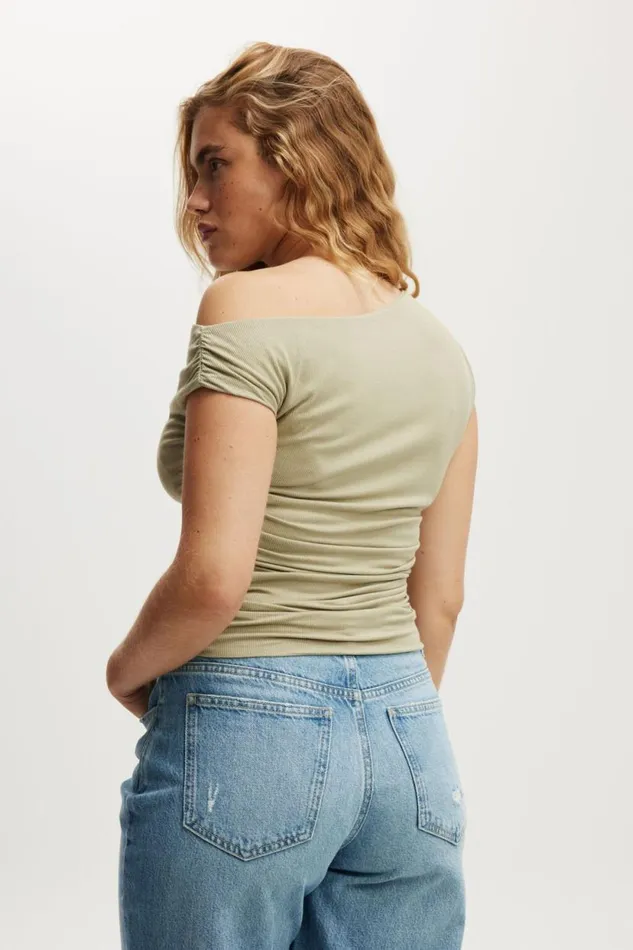 Staple Rib Rouched Short Sleeve Top Desert Sage Women Cotton On Tops