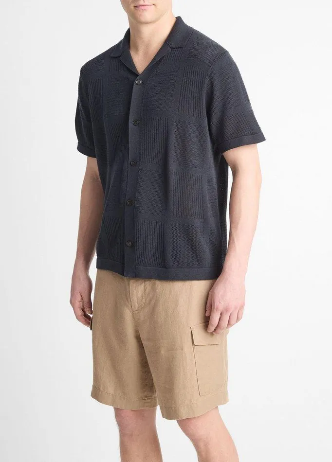 Sweaters Men Vince Patchwork Pointelle ShortSleeve Shirt Light Coastal Blue