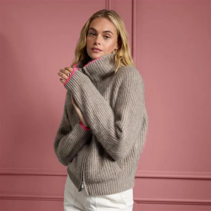 Sweaters Women GFORE FUNNEL NECK BRUSHED CASHMERE FULL ZIP SWEATER Heather Dune Sweaters Women GFORE FUNNEL NECK BRUSHED CASHMERE FULL ZIP SWEATER Heather Dune