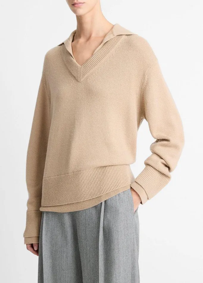 Sweaters Women Vince WoolCashmere DoubleLayer Collared Pullover Camel Sweaters Women Vince WoolCashmere DoubleLayer Collared Pullover Camel