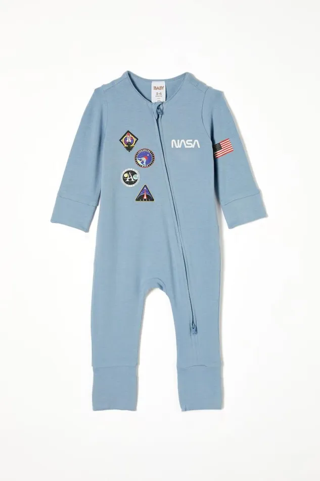 The Billie Long Sleeve Zip Romper License Lcn Nas Dusty Bluenasa Badges Baby Cotton On Rompers and Bubbysuits