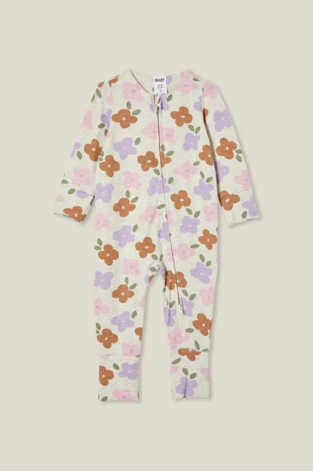 The Billie Long Sleeve Zip Romper Oatmeal Marlepoppy Floral Baby Cotton On Rompers and Bubbysuits The Billie Long Sleeve Zip Romper Oatmeal Marlepoppy Floral Baby Cotton On Rompers and Bubbysuits