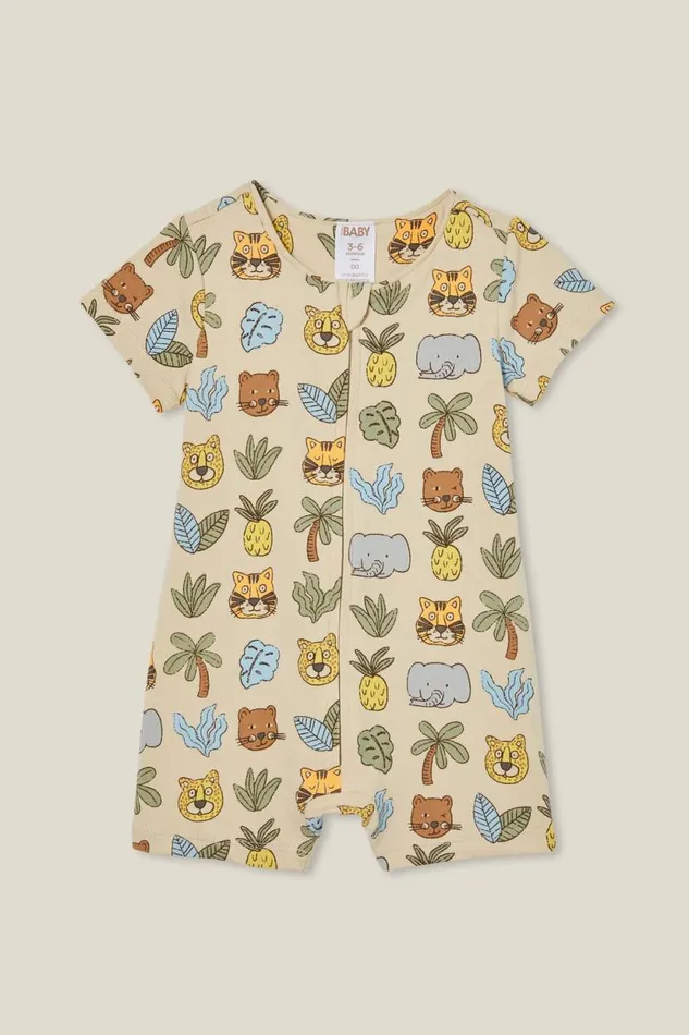 The Billie Short Sleeve Zip Romper Rainy Daytropical Boy Jungle Baby Cotton On Rompers and Bubbysuits