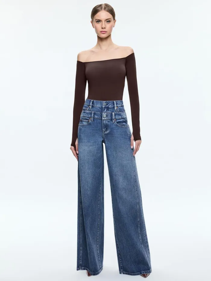 Tops Women Alice Olivia ANNA OFF THE SHOULDER LONG SLEEVE BODYSUIT Espresso