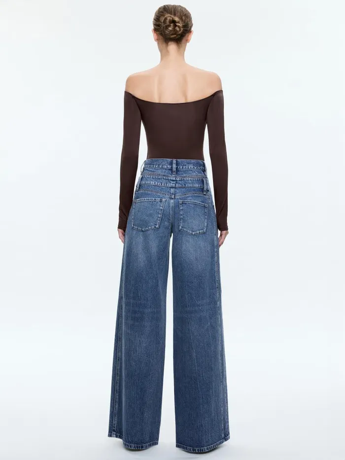 Tops Women Alice Olivia ANNA OFF THE SHOULDER LONG SLEEVE BODYSUIT Espresso