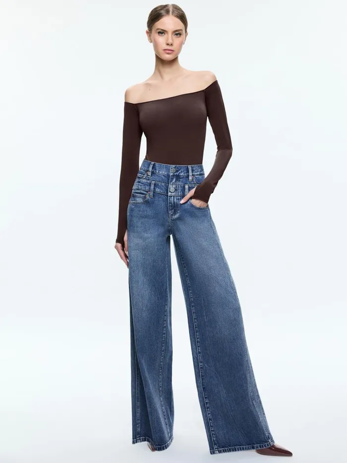 Tops Women Alice Olivia ANNA OFF THE SHOULDER LONG SLEEVE BODYSUIT Espresso