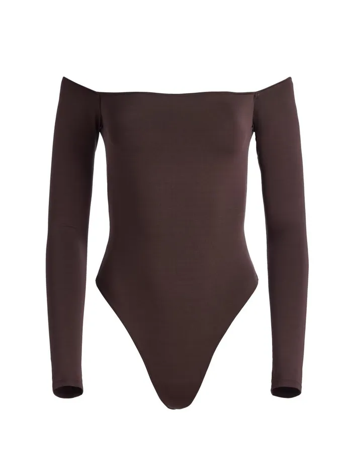 Tops Women Alice Olivia ANNA OFF THE SHOULDER LONG SLEEVE BODYSUIT Espresso