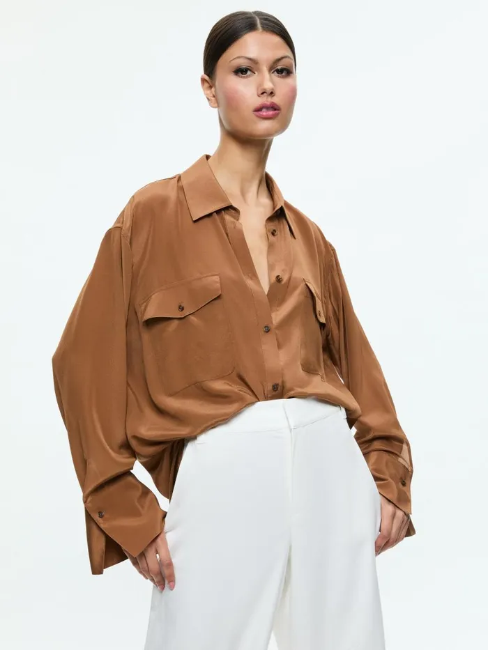 Tops Women Alice Olivia FINELY OVERSIZED UTILITY SHIRT Camel