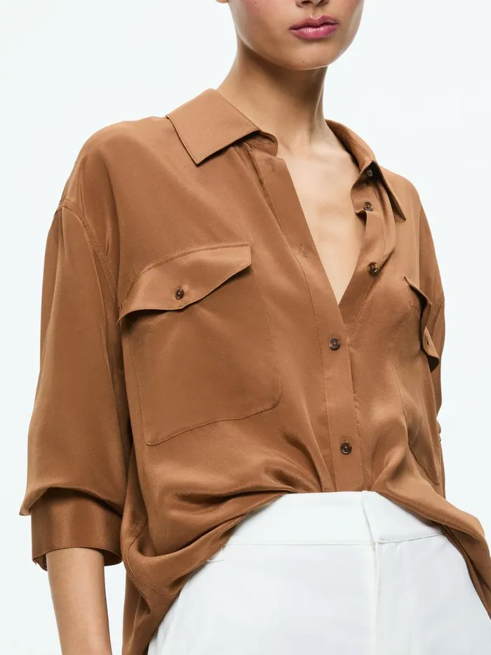 Tops Women Alice Olivia FINELY OVERSIZED UTILITY SHIRT Camel