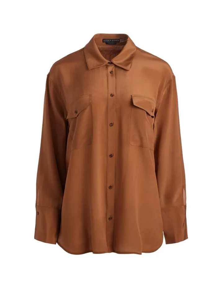 Tops Women Alice Olivia FINELY OVERSIZED UTILITY SHIRT Camel