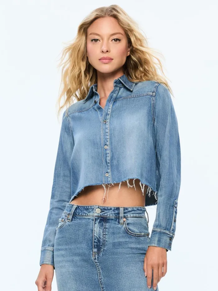 Tops Women Alice Olivia FINELY SHORT RAW HEM BUTTON DOWN WITH WESTERN DETAIL Brooklyn Blue Tops Women Alice Olivia FINELY SHORT RAW HEM BUTTON DOWN WITH WESTERN DETAIL Brooklyn Blue