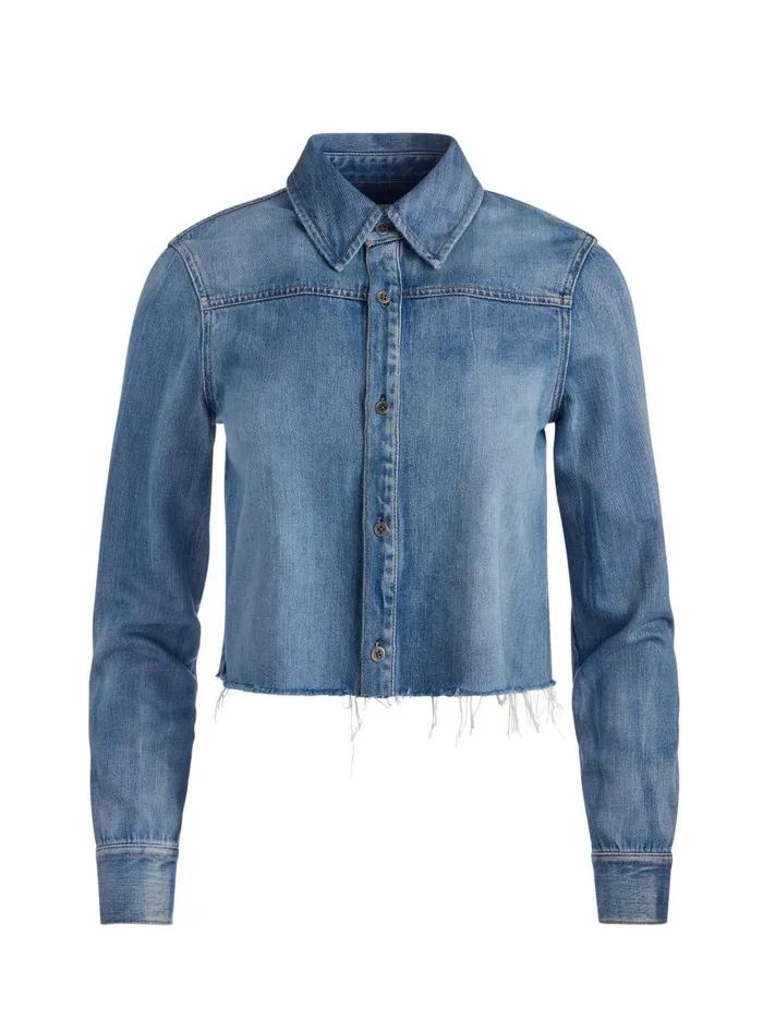 Tops Women Alice Olivia FINELY SHORT RAW HEM BUTTON DOWN WITH WESTERN DETAIL Brooklyn Blue