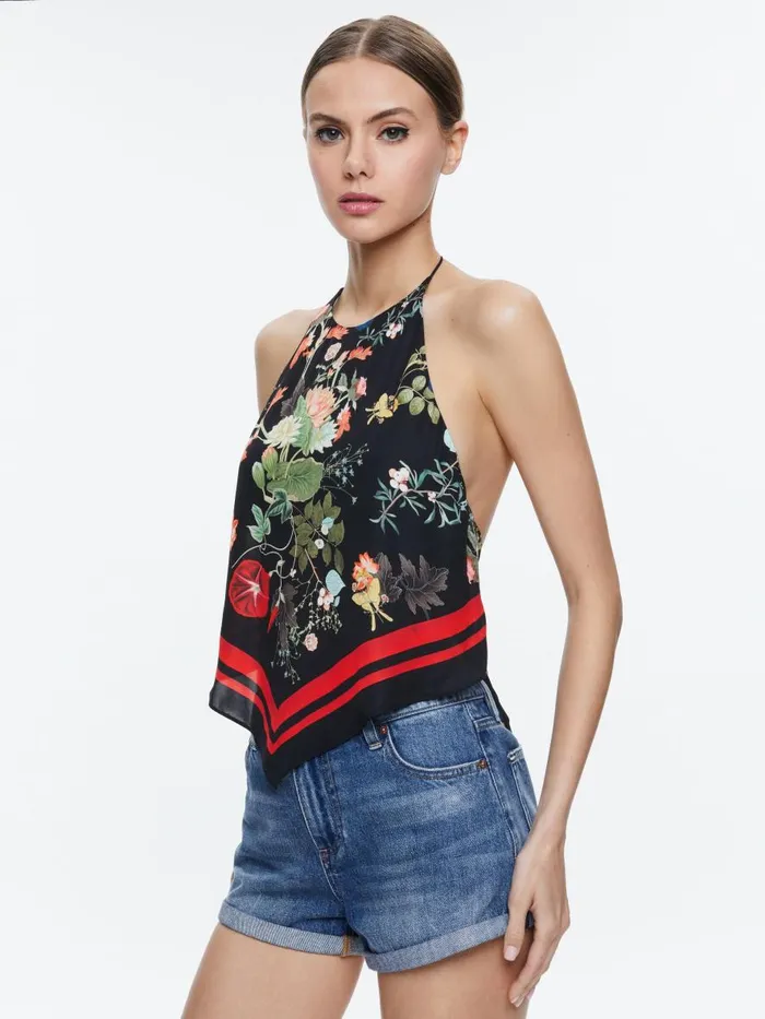 Tops Women Alice Olivia FRENCHIE HANDKERCHIEF HALTER TOP Blush Kiss Black