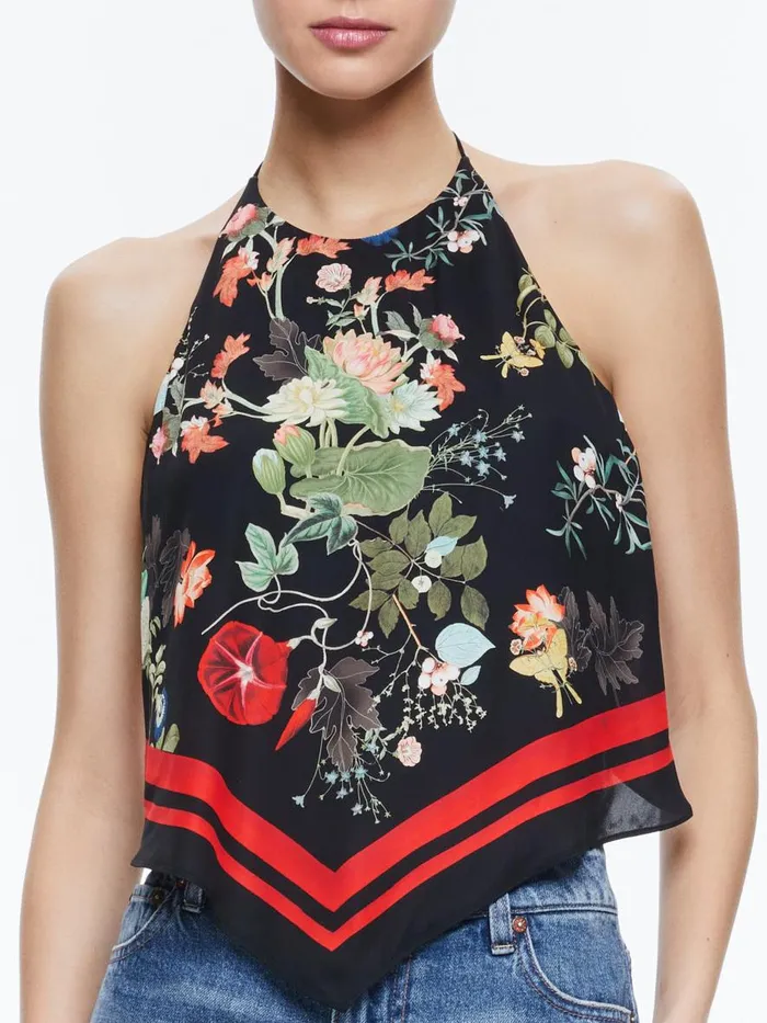 Tops Women Alice Olivia FRENCHIE HANDKERCHIEF HALTER TOP Blush Kiss Black