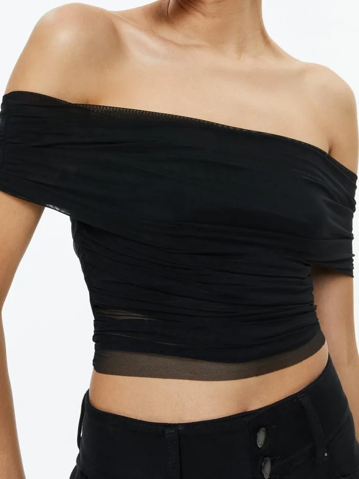 Tops Women Alice Olivia ISADOLA OVER THE SHOULDER RUCHED TOP Black