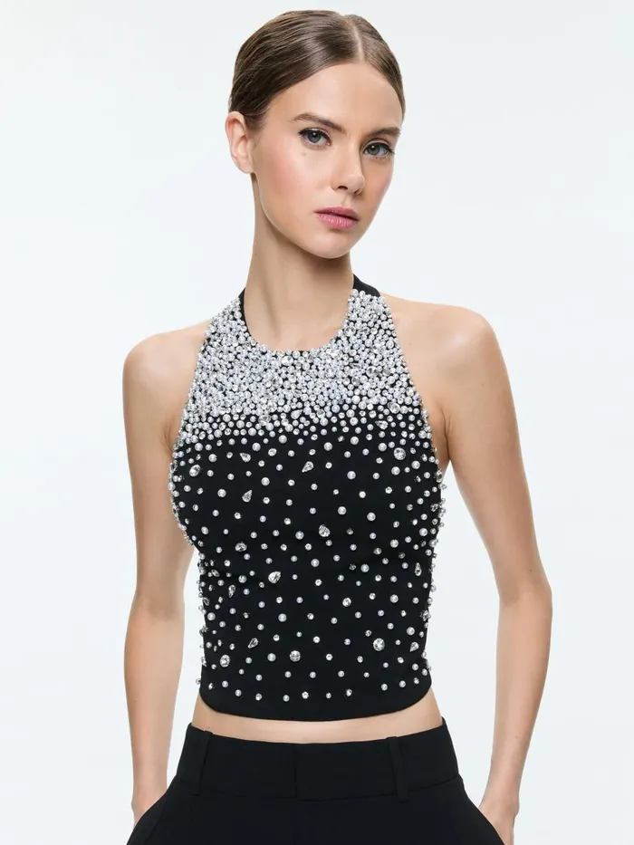 Tops Women Alice Olivia KIESHA EMBELLISHED HALTER CROPPED TOP Blacksilver