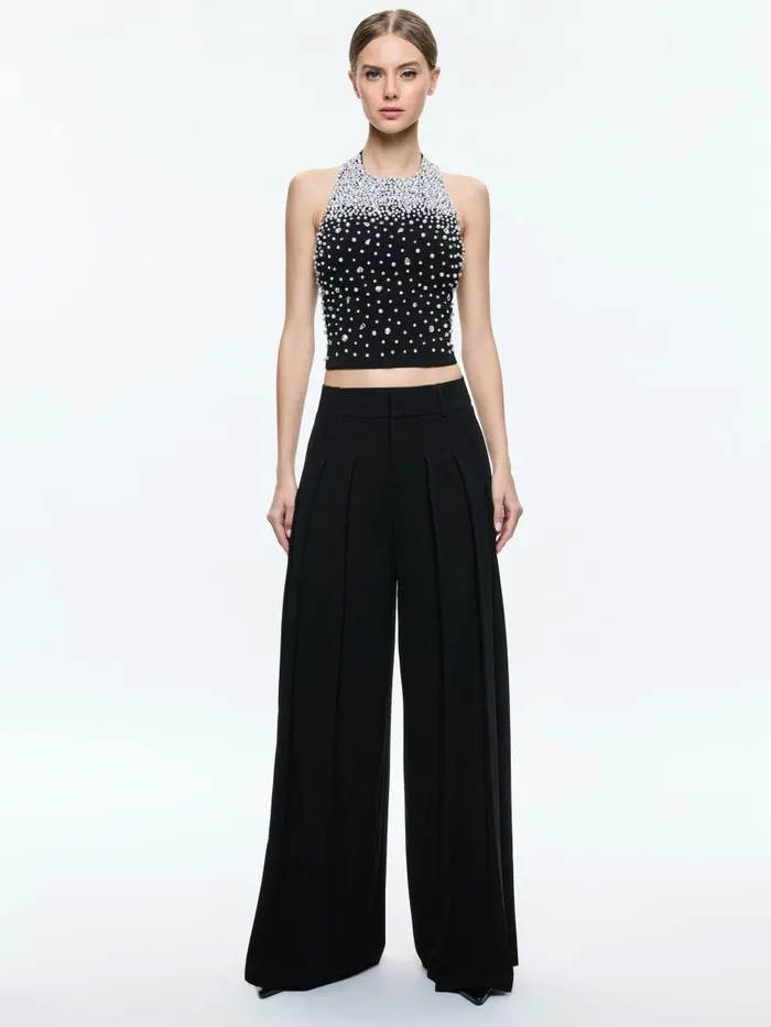 Tops Women Alice Olivia KIESHA EMBELLISHED HALTER CROPPED TOP Blacksilver