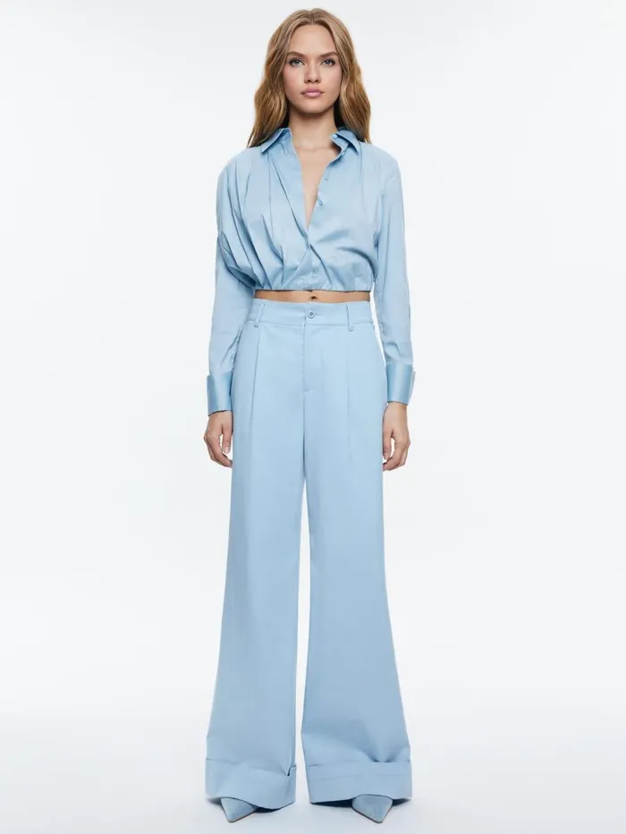 Tops Women Alice Olivia LUCILE CROPPED PLEATED BLOUSE Mineral Blue