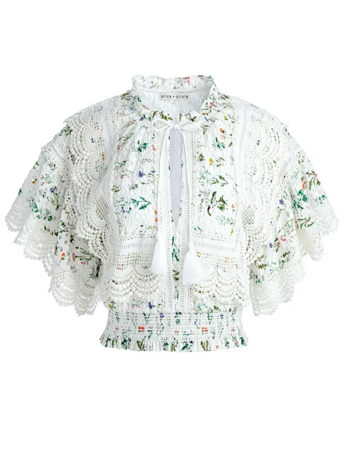 Tops Women Alice Olivia TABITHA LACE BUTTON FRONT CROPPED BLOUSE Georgia Floral
