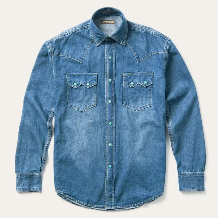 Turquoise Snap Western Denim Shirt Blue Men Stetson Western Shirts