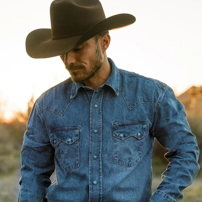 Turquoise Snap Western Denim Shirt Blue Men Stetson Western Shirts