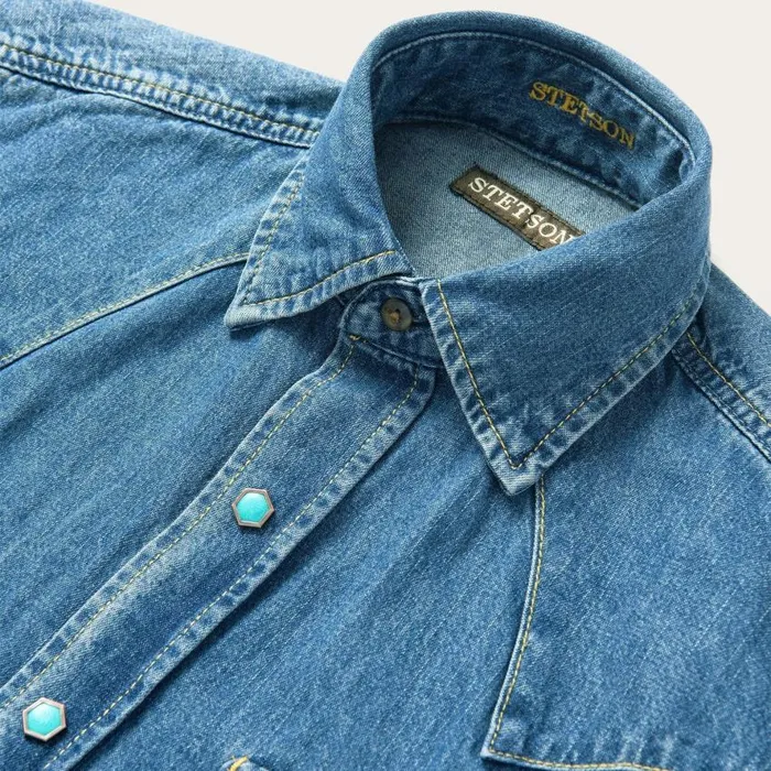 Turquoise Snap Western Denim Shirt Blue Men Stetson Western Shirts