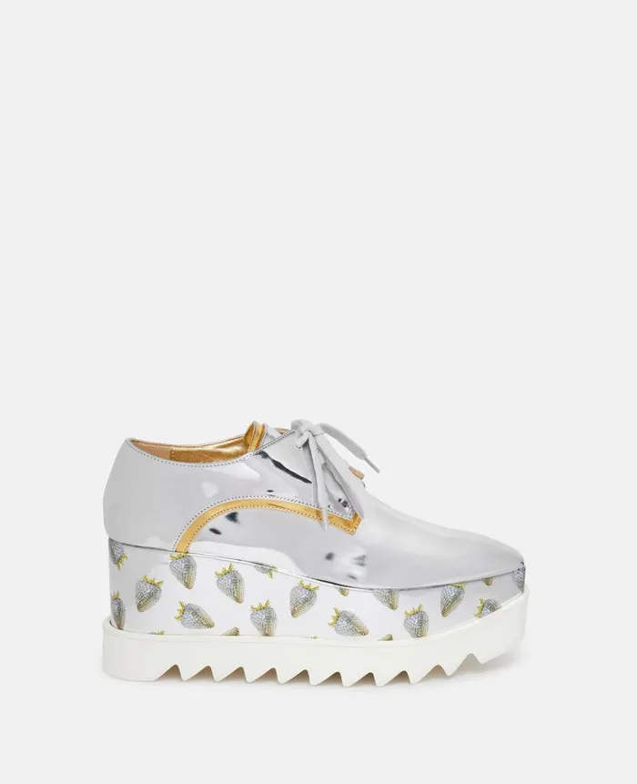 UnisexWomen Shoes Stella McCartney Elyse StrawberryPrint Metallic Platform Shoes Silver Gold