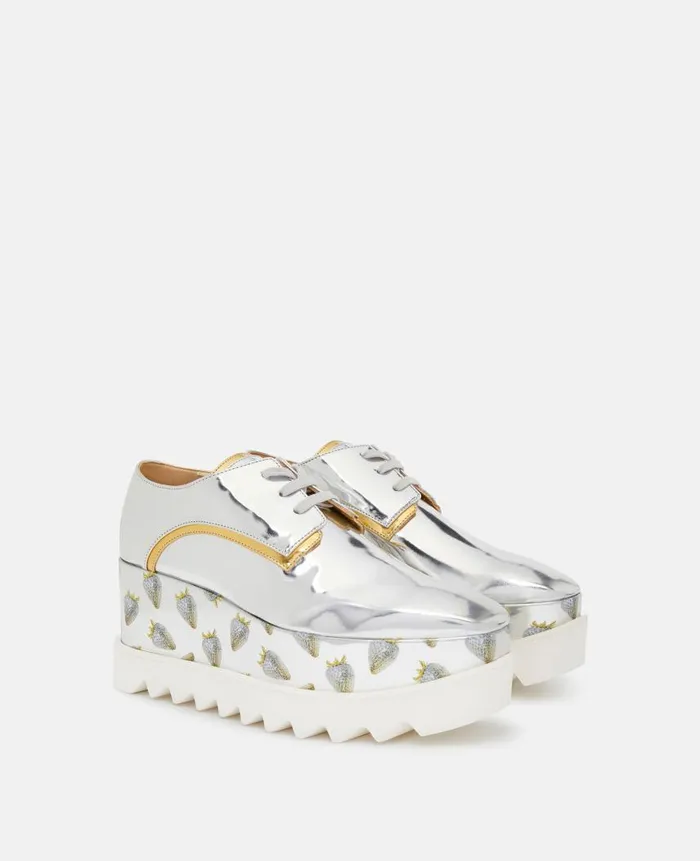 UnisexWomen Shoes Stella McCartney Elyse StrawberryPrint Metallic Platform Shoes Silver Gold