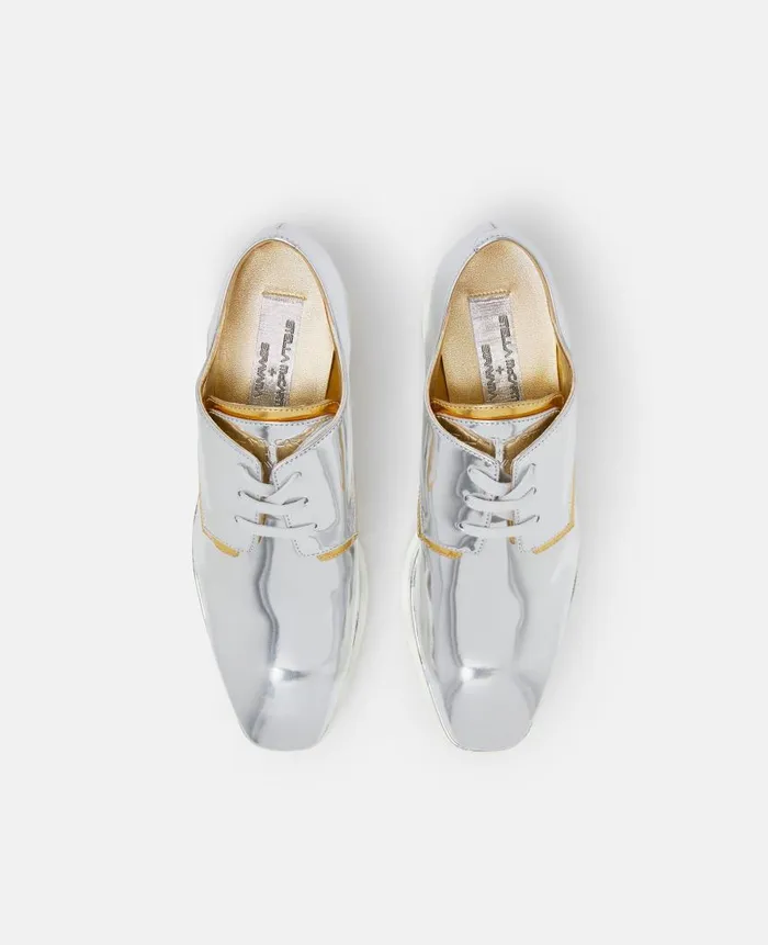 UnisexWomen Shoes Stella McCartney Elyse StrawberryPrint Metallic Platform Shoes Silver Gold