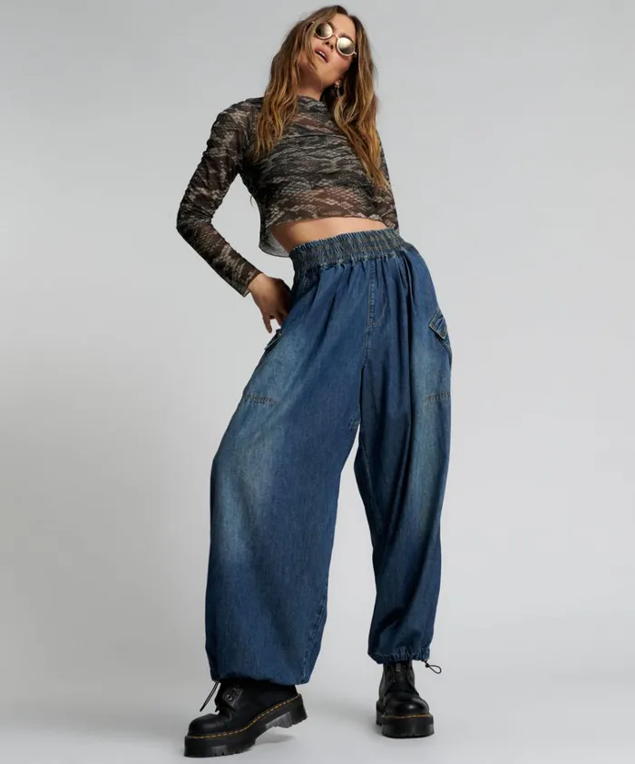 USED BLUE DENIM PARACHUTE PANTS Women One Teaspoon Bottoms
