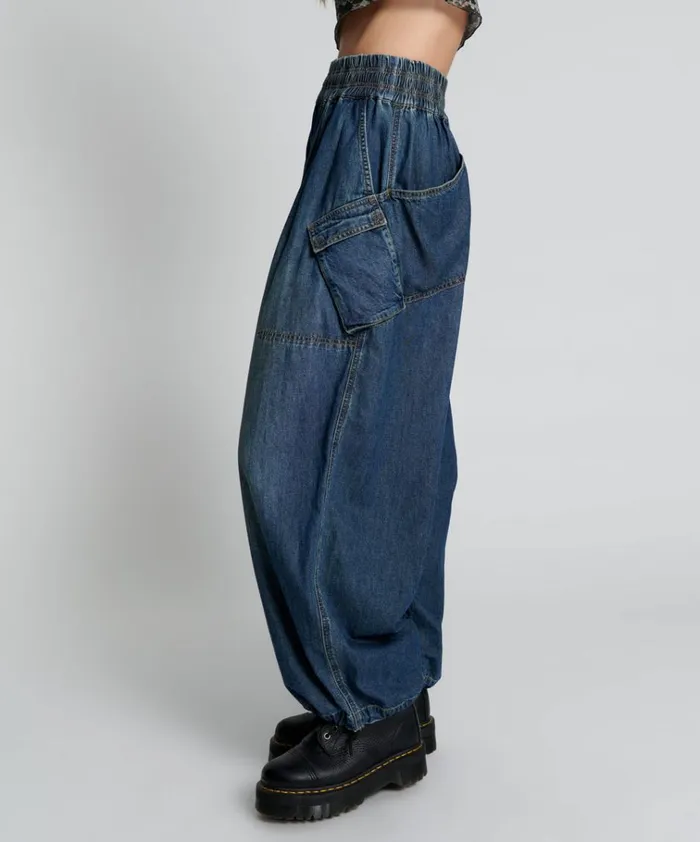 USED BLUE DENIM PARACHUTE PANTS Women One Teaspoon Bottoms USED BLUE DENIM PARACHUTE PANTS Women One Teaspoon Bottoms