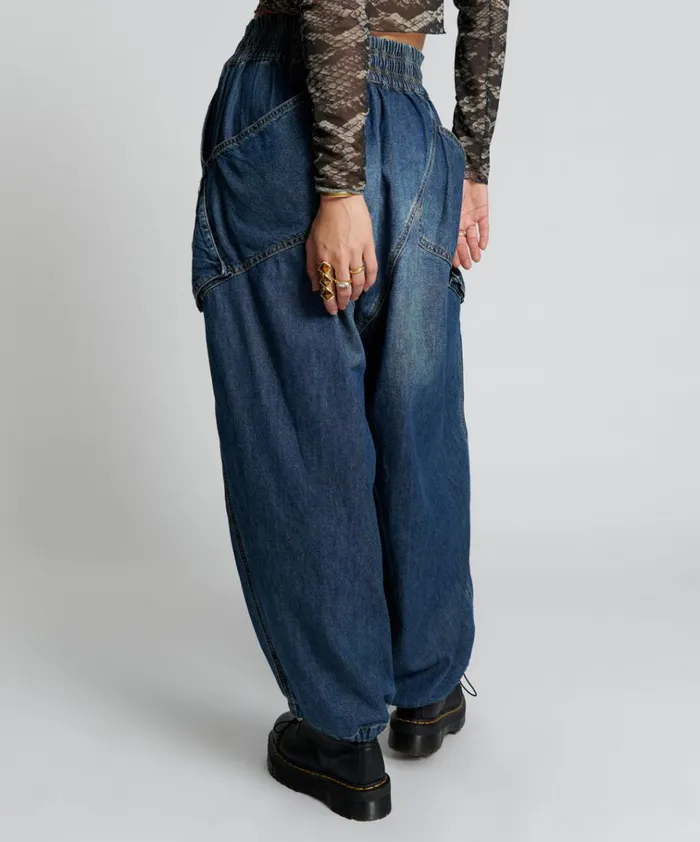 USED BLUE DENIM PARACHUTE PANTS Women One Teaspoon Bottoms USED BLUE DENIM PARACHUTE PANTS Women One Teaspoon Bottoms