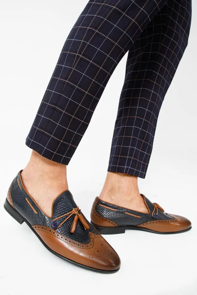 Vinci Leather Dress Shoes The Istanbul Tan and Navy Blue Leather Tassel Loafer Shoe 8211 Men