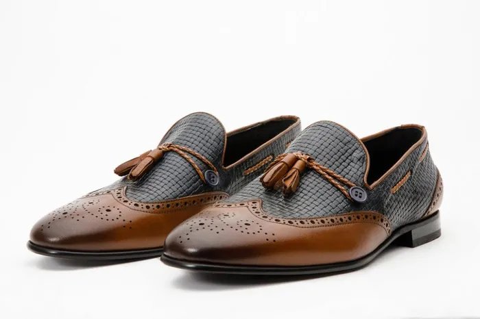 Vinci Leather Dress Shoes The Istanbul Tan and Navy Blue Leather Tassel Loafer Shoe 8211 Men