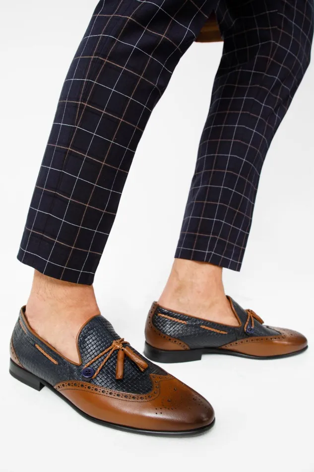Vinci Leather Dress Shoes The Istanbul Tan and Navy Blue Leather Tassel Loafer Shoe 8211 Men
