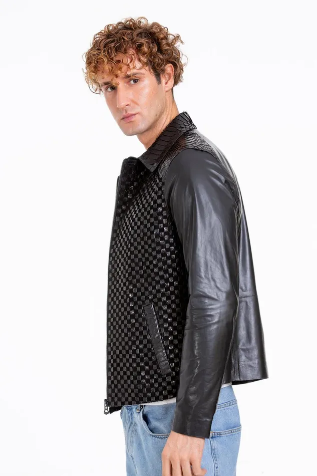 Vinci Leather Leather Jackets The Bedford Pythn Skin Handwoven Leather Black Jacket 8211 Men