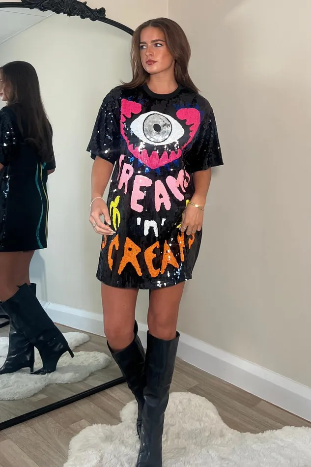 Wild Dreams 8211 Black Multi Sequin Mini TShirt Dress Women Girl In Mind Mini Dresses