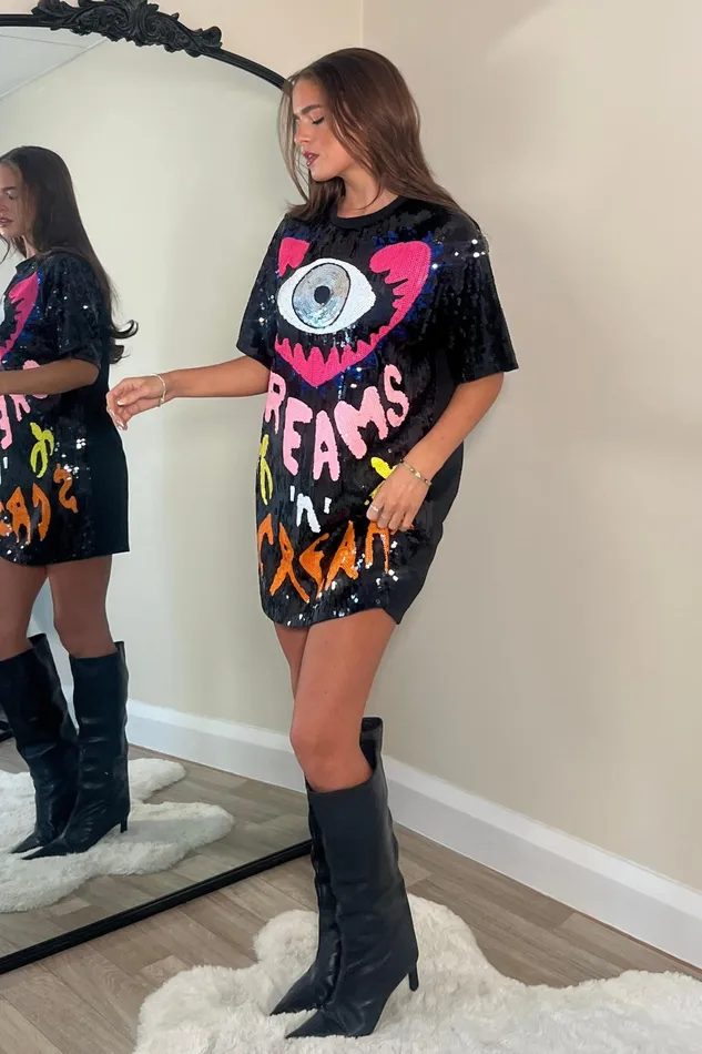 Wild Dreams 8211 Black Multi Sequin Mini TShirt Dress Women Girl In Mind Mini Dresses