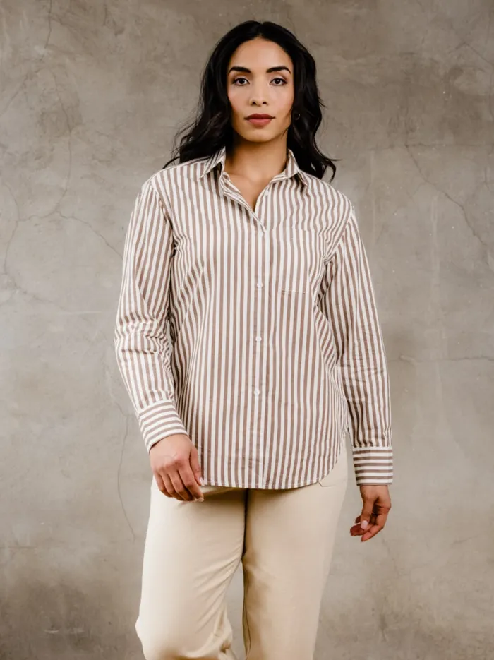 Women Able Sophia Button Down Shirt Brown Cabana Stripe Tops